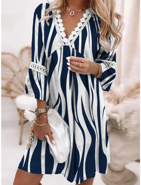 Abstract Stripe Lace Trim V-Neck Bell Sleeve Mini Summer Dress