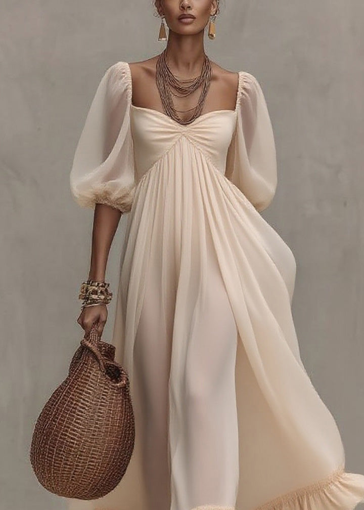 Chiffon Square Neck Puff Sleeve Ruffle Hem Empire Maxi Dress 2