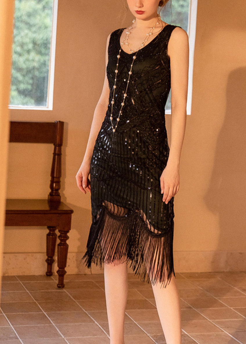 Sequin V-Neck Sleeveless Tassel Fringe Bodycon Mini Cocktail Dress - View 3