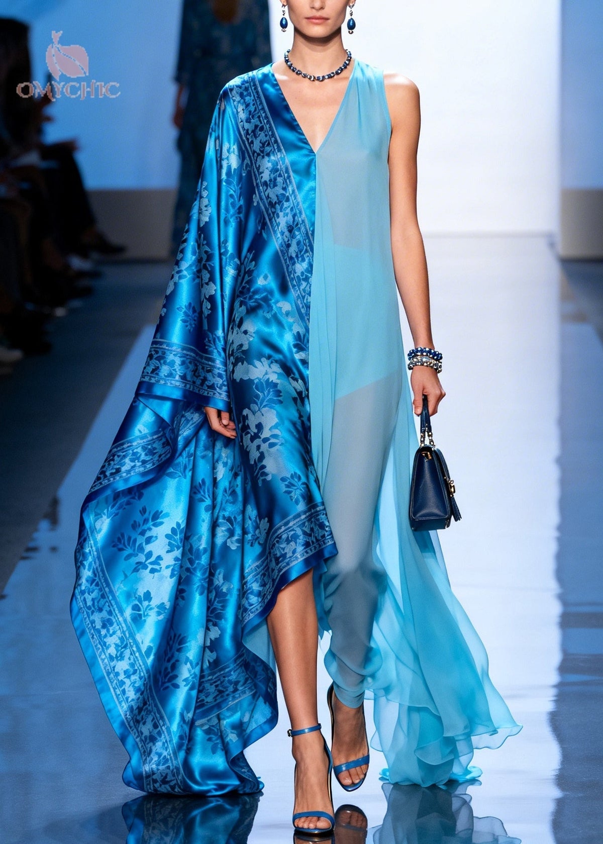 Asymmetric Deep V-Neck Floral Damask Cape Sleeve Sheer Panel Maxi Gown - View 3