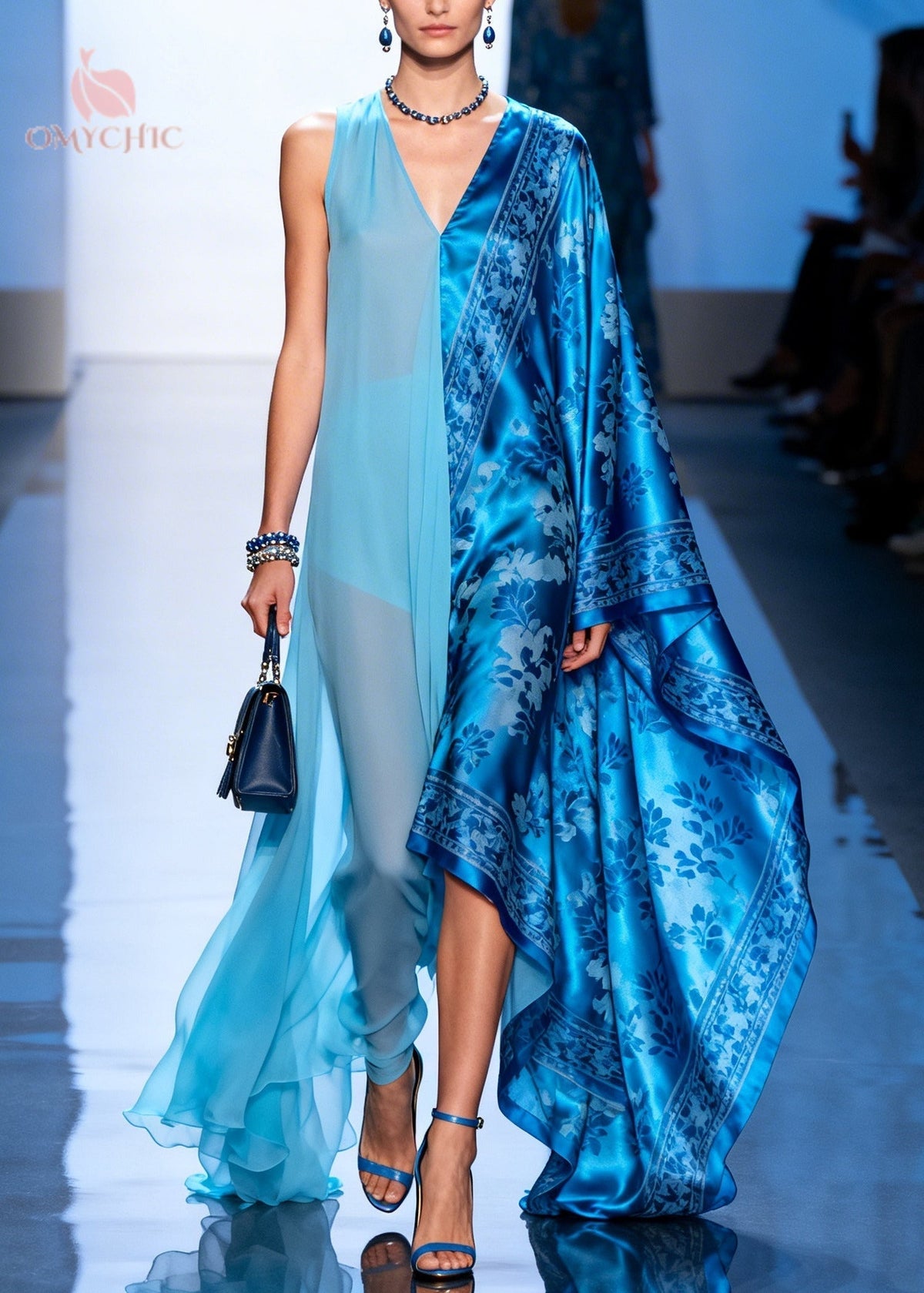 Asymmetric Deep V-Neck Floral Damask Cape Sleeve Sheer Panel Maxi Gown - View 5