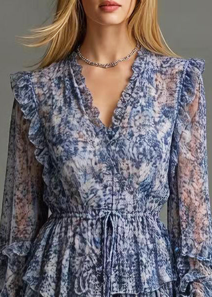 Print Chiffon V-Neck Long Sleeve Ruffle Tiered Drawstring Mini Dress 2