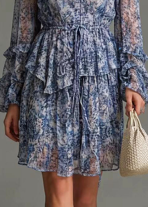 Print Chiffon V-Neck Long Sleeve Ruffle Tiered Drawstring Mini Dress 4