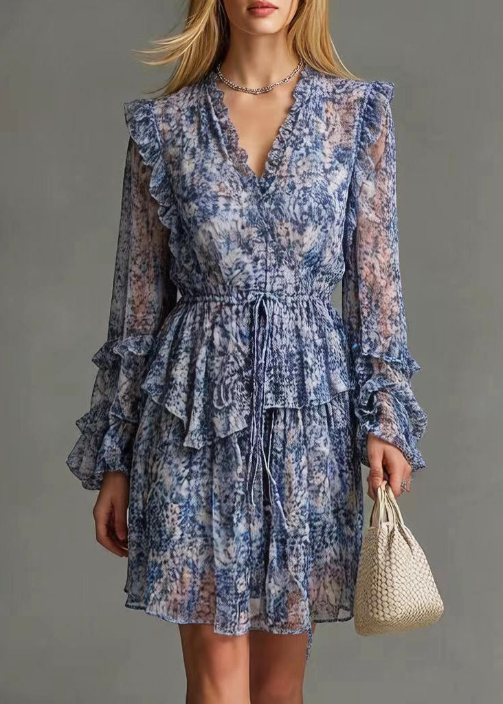 Print Chiffon V-Neck Long Sleeve Ruffle Tiered Drawstring Mini Dress 5