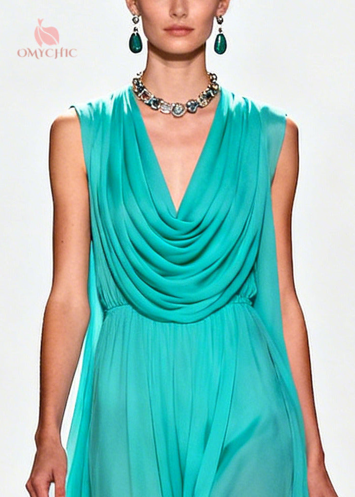 Blue Turtle Neck Patchwork Flower Lace Chiffon Maxi Dress - View 2