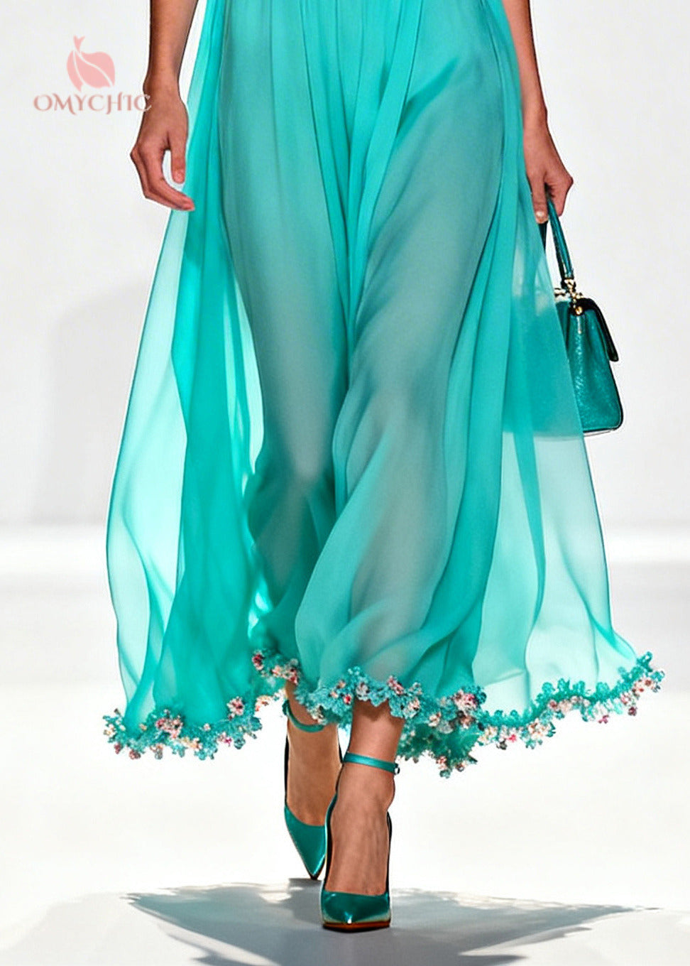 Blue Turtle Neck Patchwork Flower Lace Chiffon Maxi Dress - View 4