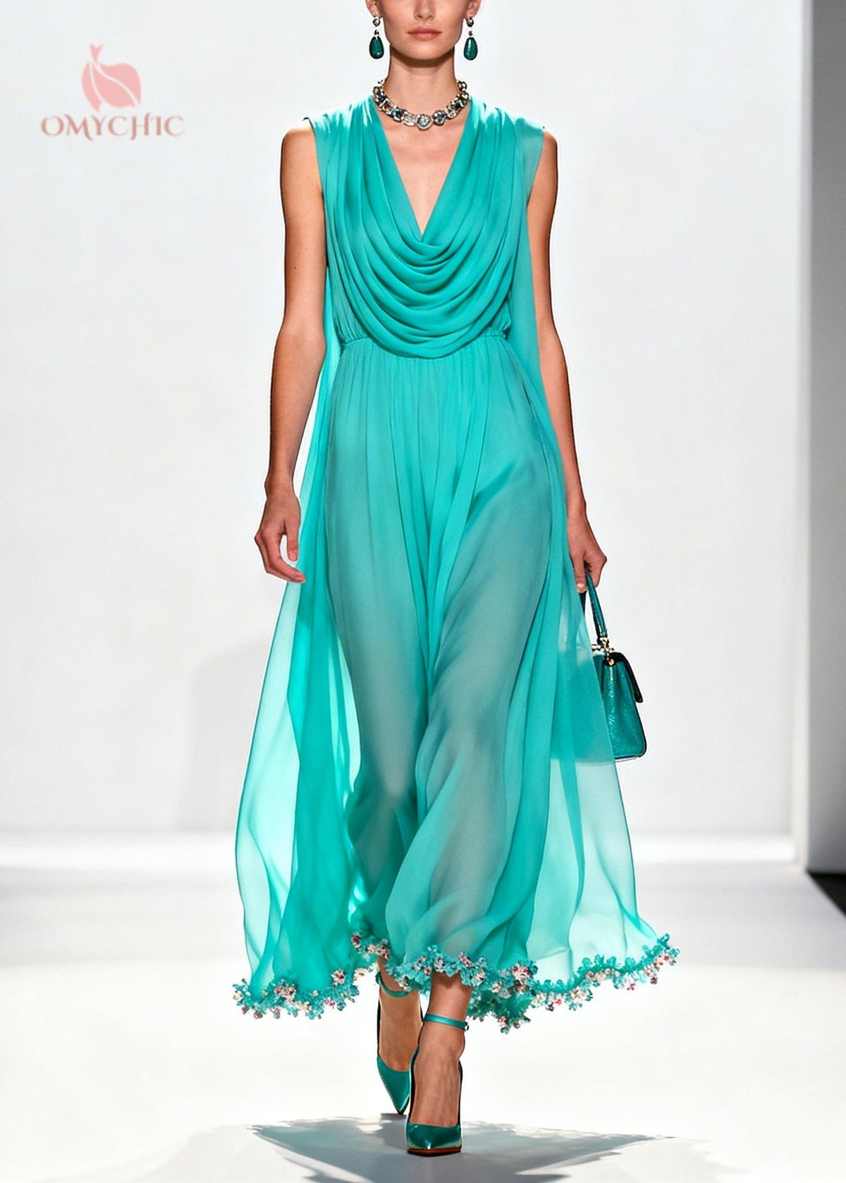 Blue Turtle Neck Patchwork Flower Lace Chiffon Maxi Dress - View 5