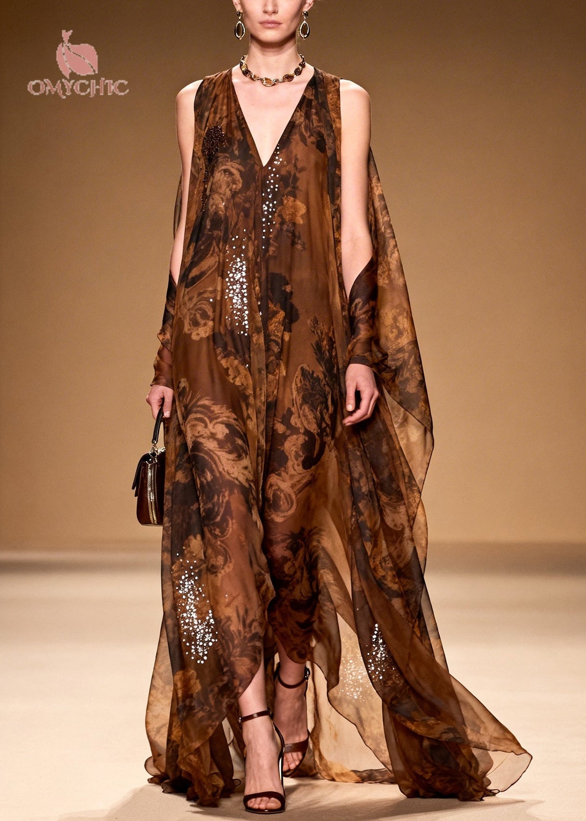 Sequin Floral Print Deep V-Neck Sheer Cape Panel Maxi Gown - View 3