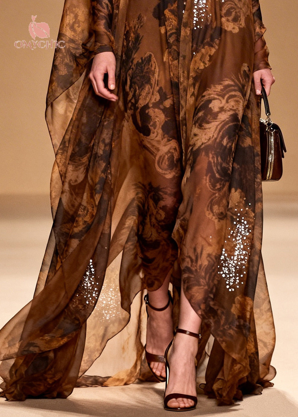 Sequin Floral Print Deep V-Neck Sheer Cape Panel Maxi Gown - View 4