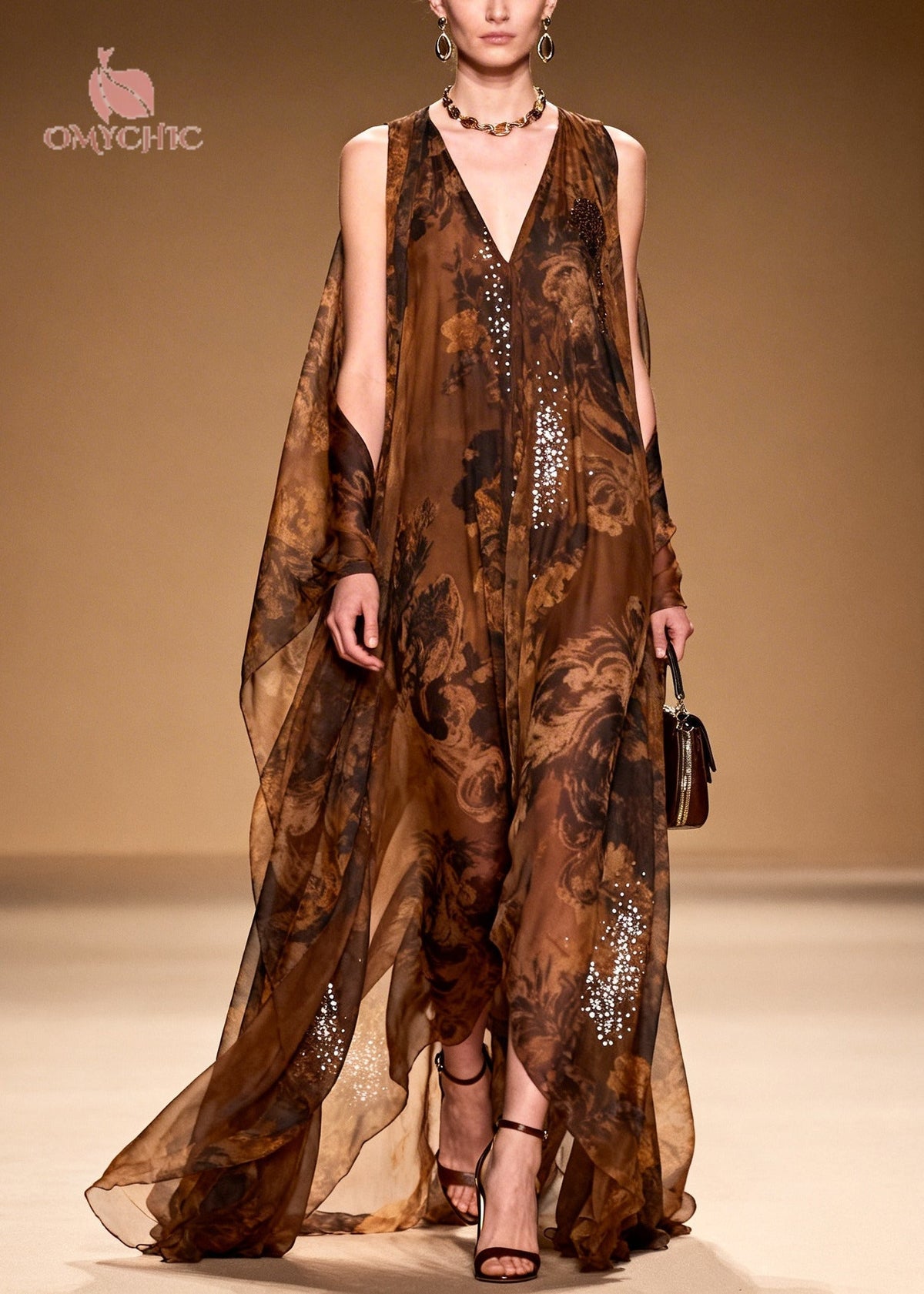 Sequin Floral Print Deep V-Neck Sheer Cape Panel Maxi Gown - View 5