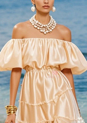 Off Shoulder Puff Sleeve Tiered Ruffle Sheer Panel Satin Midi Dress - View 2