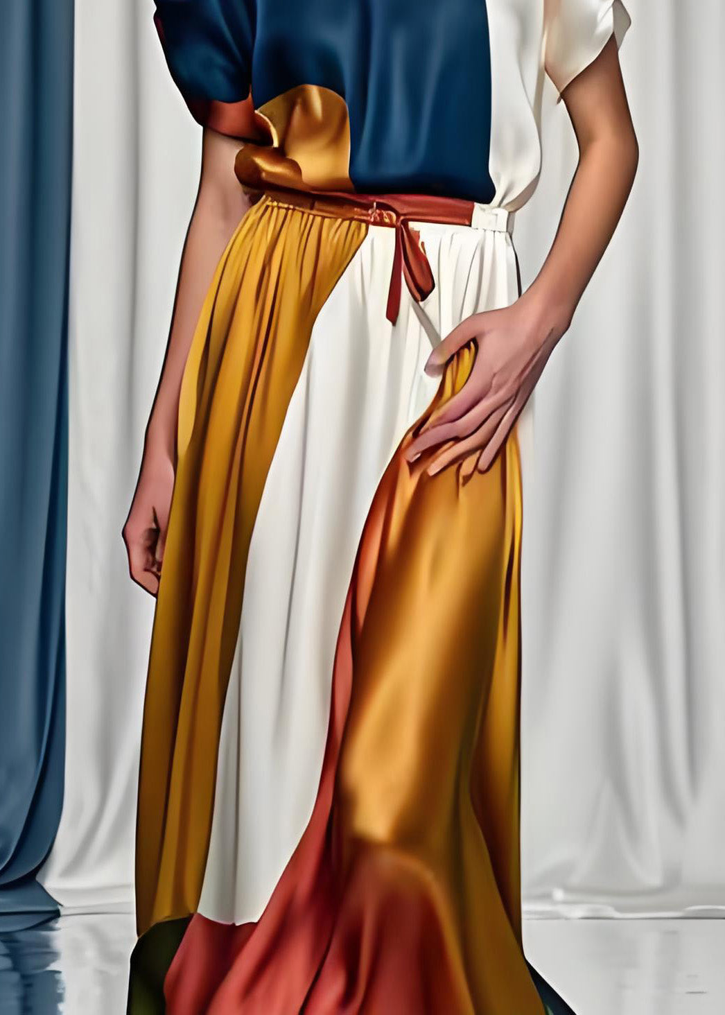 Geometric Print Crew Neck Cap Sleeve Tie Waist Satin Maxi Dress - View 4