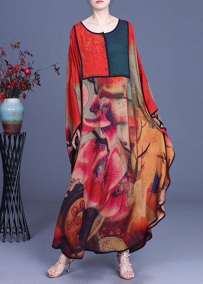 Floral Print Patchwork Button Front Batwing Sleeve Maxi Dress - View 2