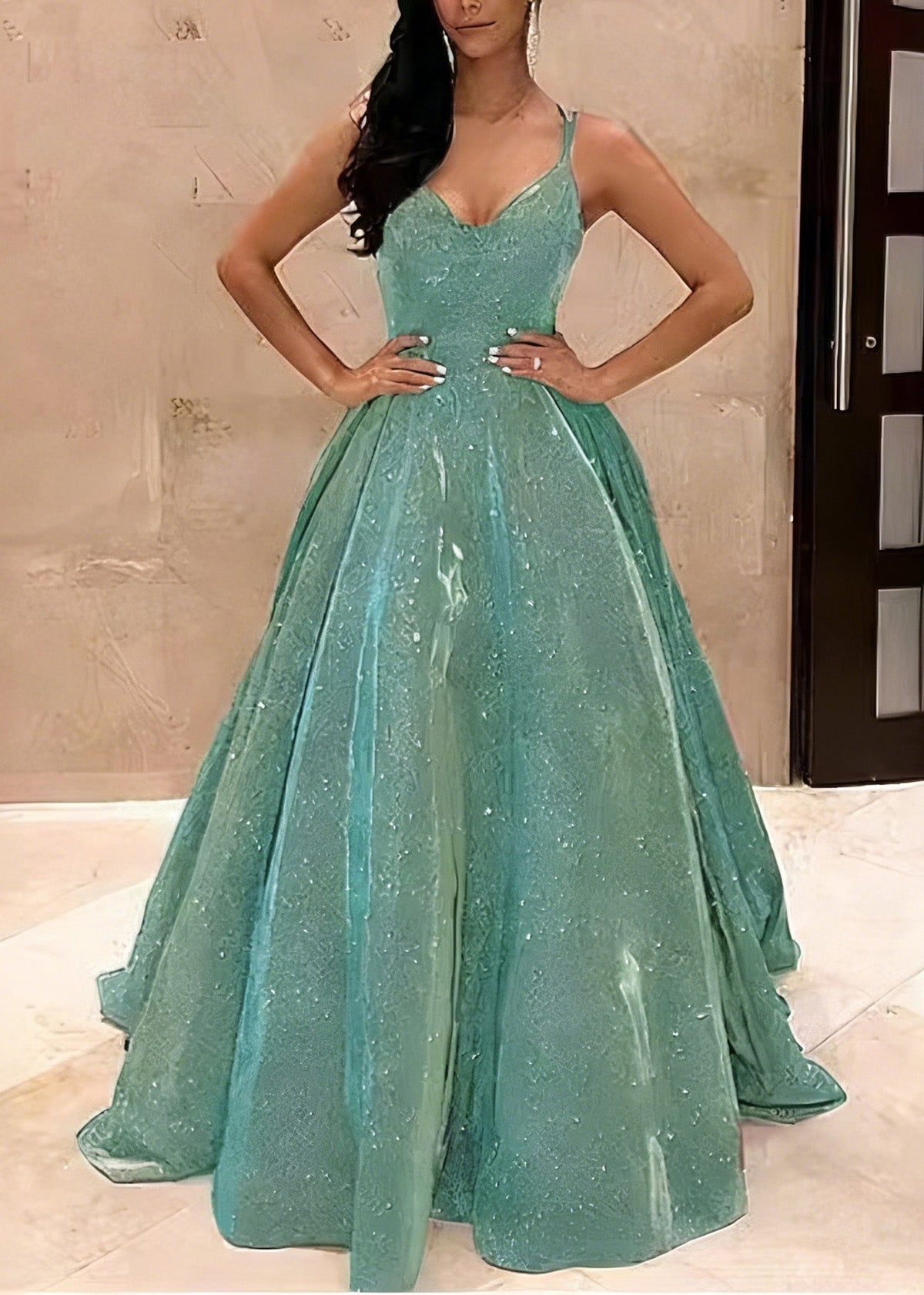 Sequin Spaghetti Strap Crisscross Back A-Line Ball Gown - View 2