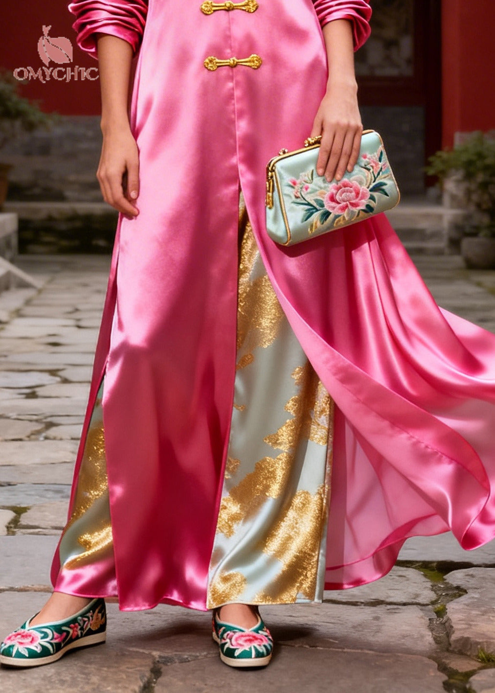 Jacquard Floral Satin Frog Button Side Slit Faux Maxi Dress - View 4