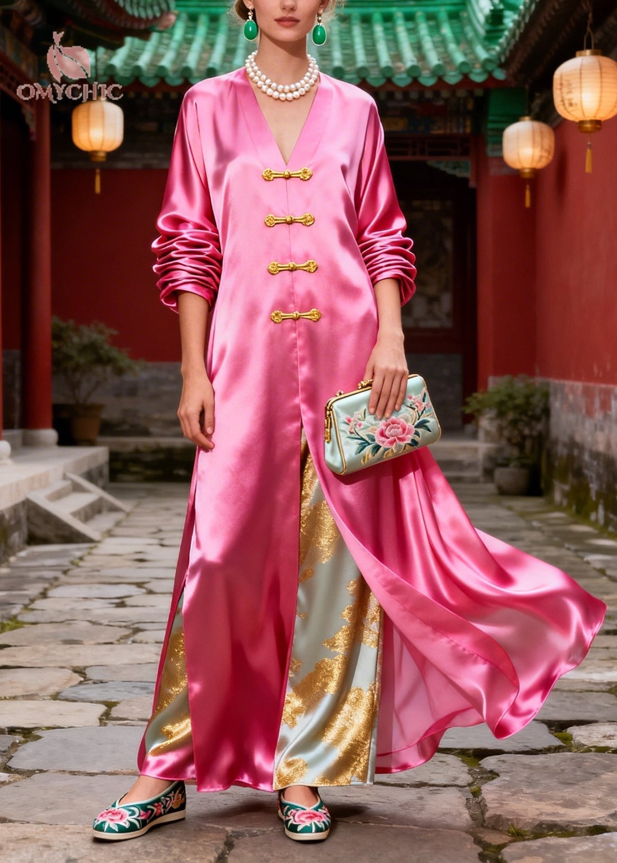 Jacquard Floral Satin Frog Button Side Slit Faux Maxi Dress - View 5