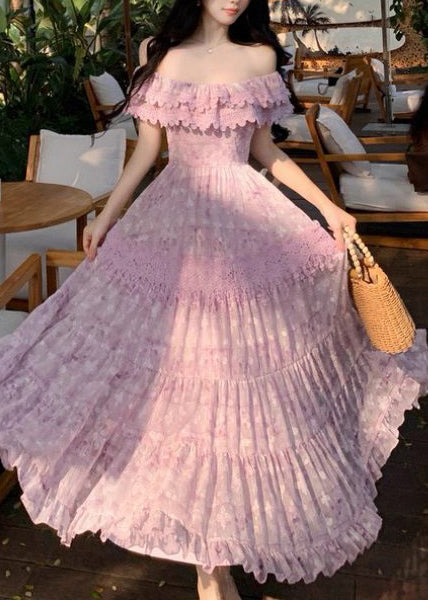 Off Shoulder Ruffle Tiered Lace Maxi Dress