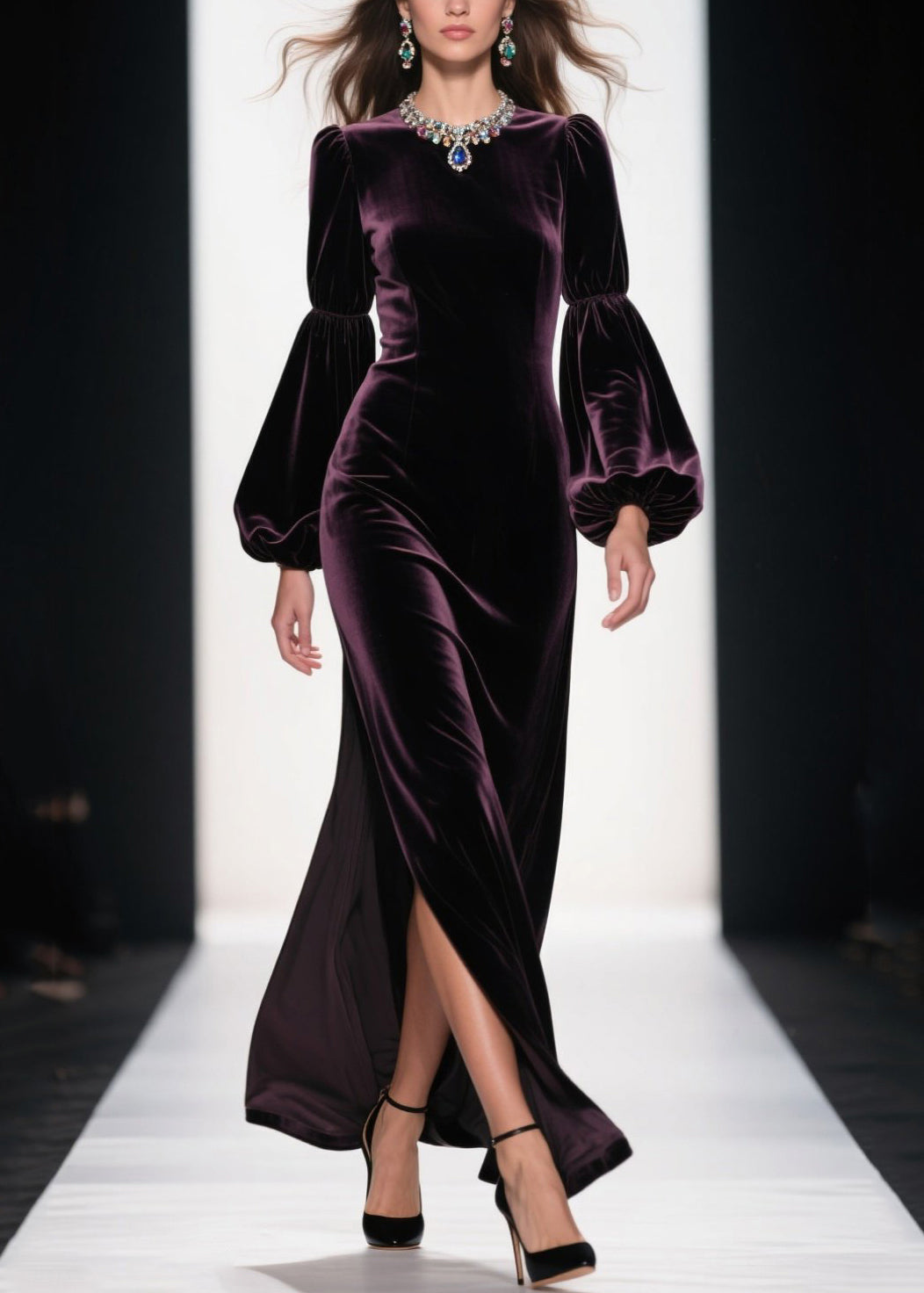 Velvet Jewel Neck Bishop Sleeve High Split Floor Length Gown - View 3