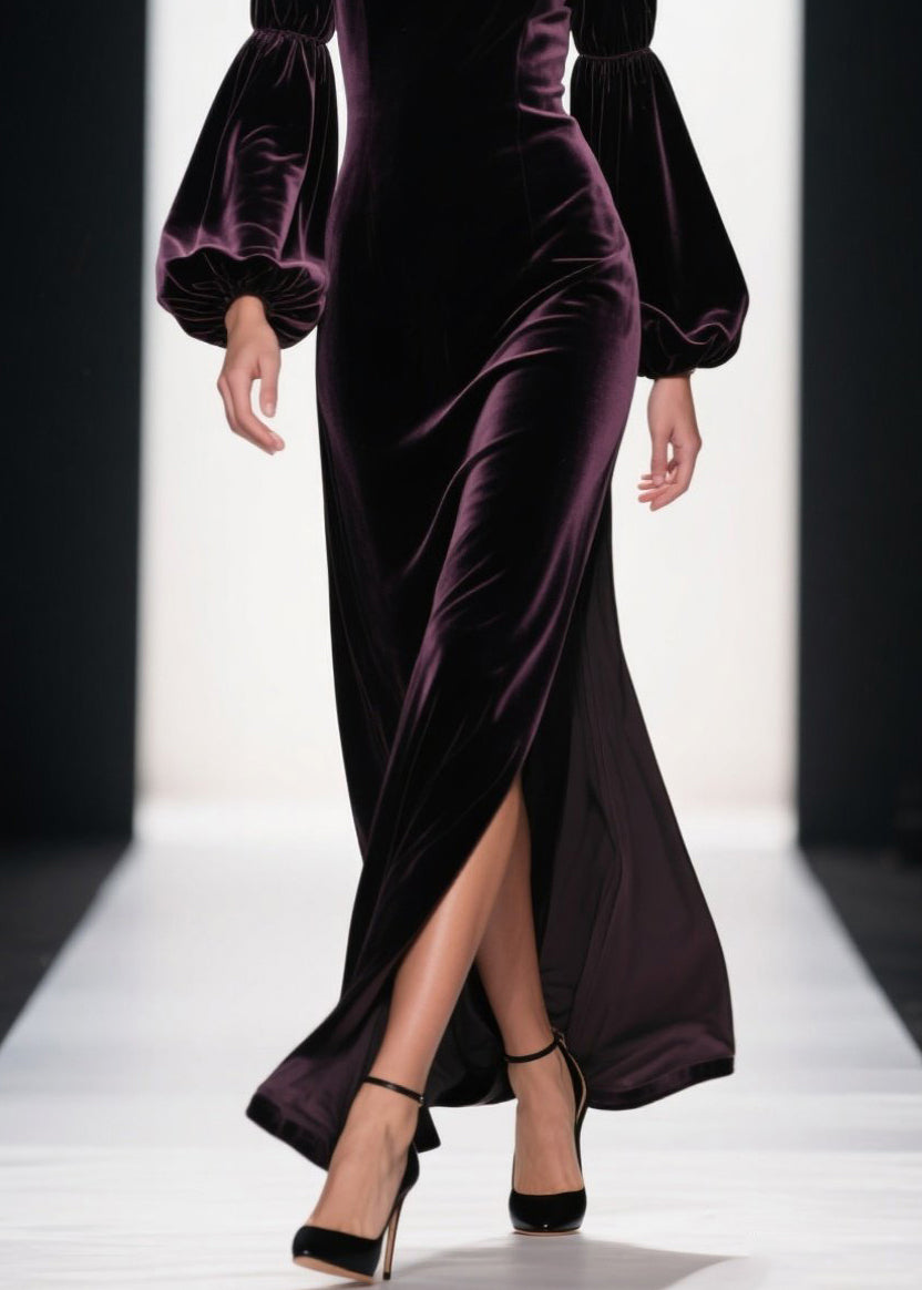 Velvet Jewel Neck Bishop Sleeve High Split Floor Length Gown - View 4
