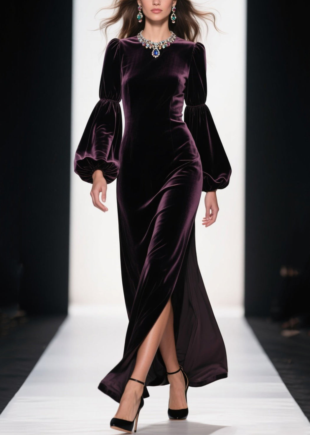 Velvet Jewel Neck Bishop Sleeve High Split Floor Length Gown - View 5
