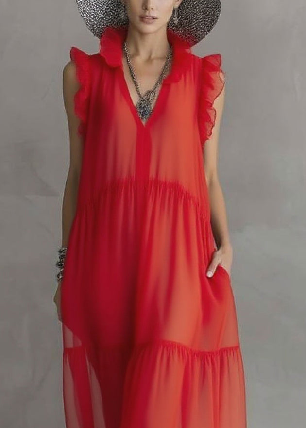 Sheer Chiffon Ruffle Trim Sleeveless V-Neck Tiered Maxi Dress 2