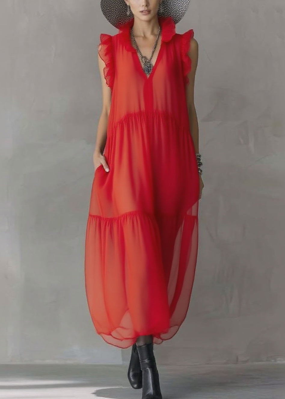 Sheer Chiffon Ruffle Trim Sleeveless V-Neck Tiered Maxi Dress 3