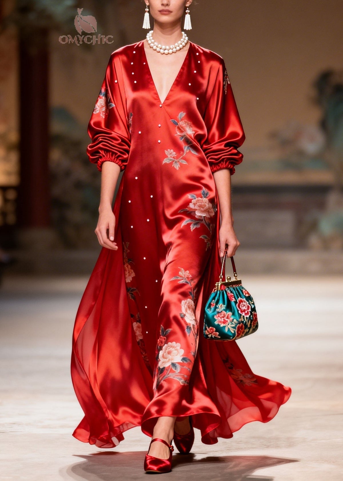 Floral Print V-Neck Balloon Sleeve Pearl Stud Trim Satin Maxi Gown - View 3