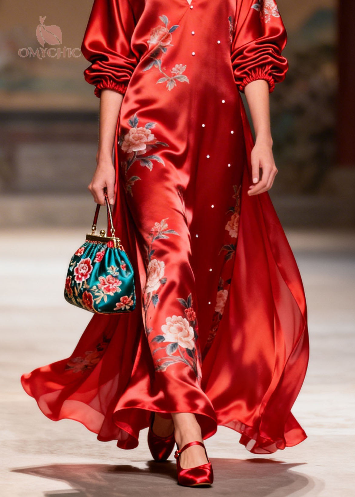 Floral Print V-Neck Balloon Sleeve Pearl Stud Trim Satin Maxi Gown - View 4
