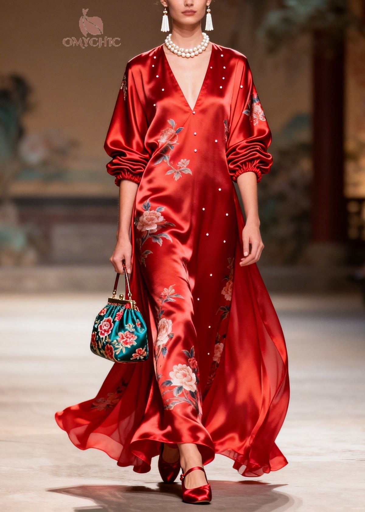 Floral Print V-Neck Balloon Sleeve Pearl Stud Trim Satin Maxi Gown - View 5