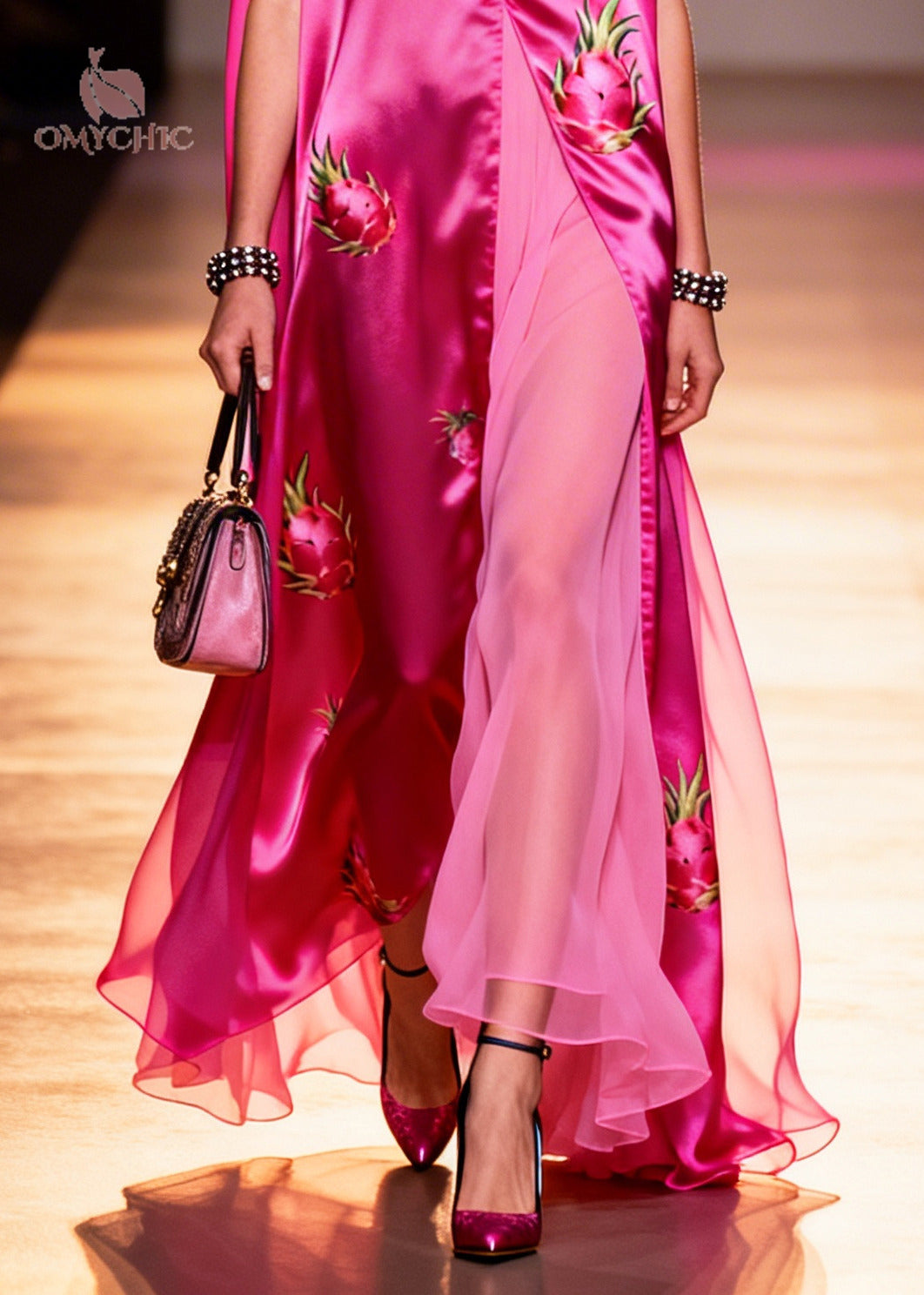 V-Neck Sleeveless Fruit Print High Split Satin Maxi Dress 4