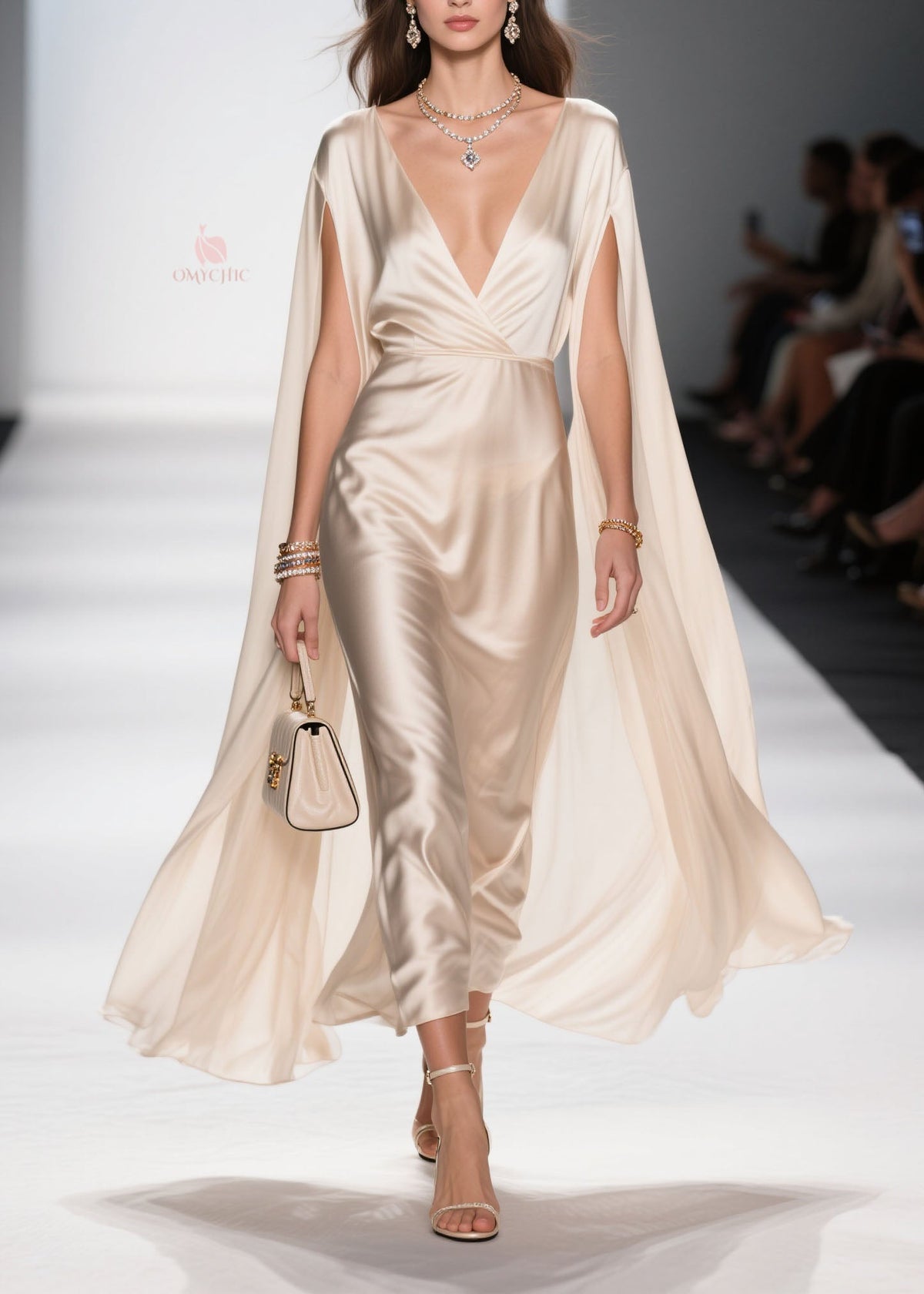 Satin Deep V-Neck Floor Length Cape Sleeve Maxi Gown - View 5