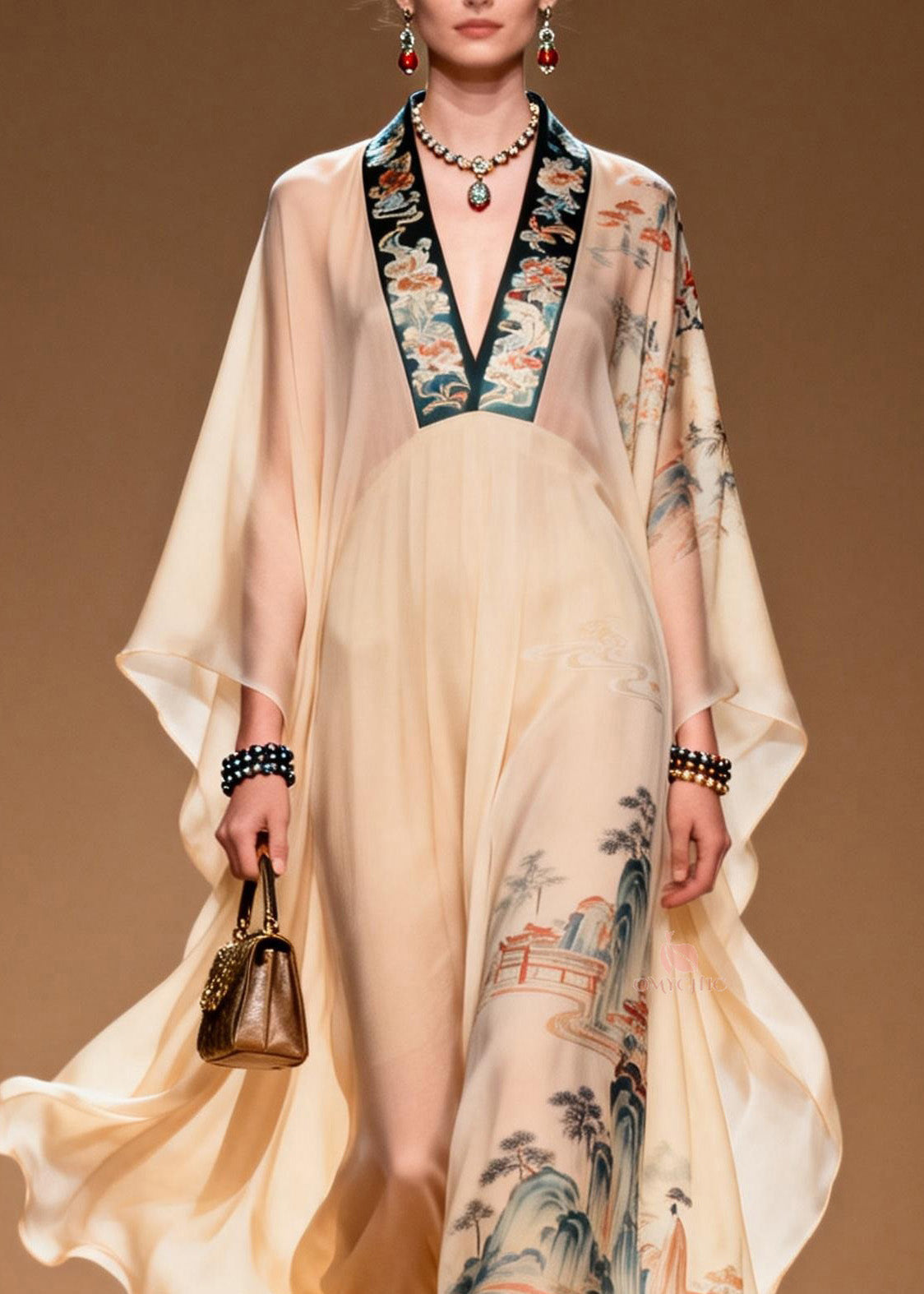 Oriental Landscape Print Deep V-Neck Batwing Sleeve Maxi Gown - View 2