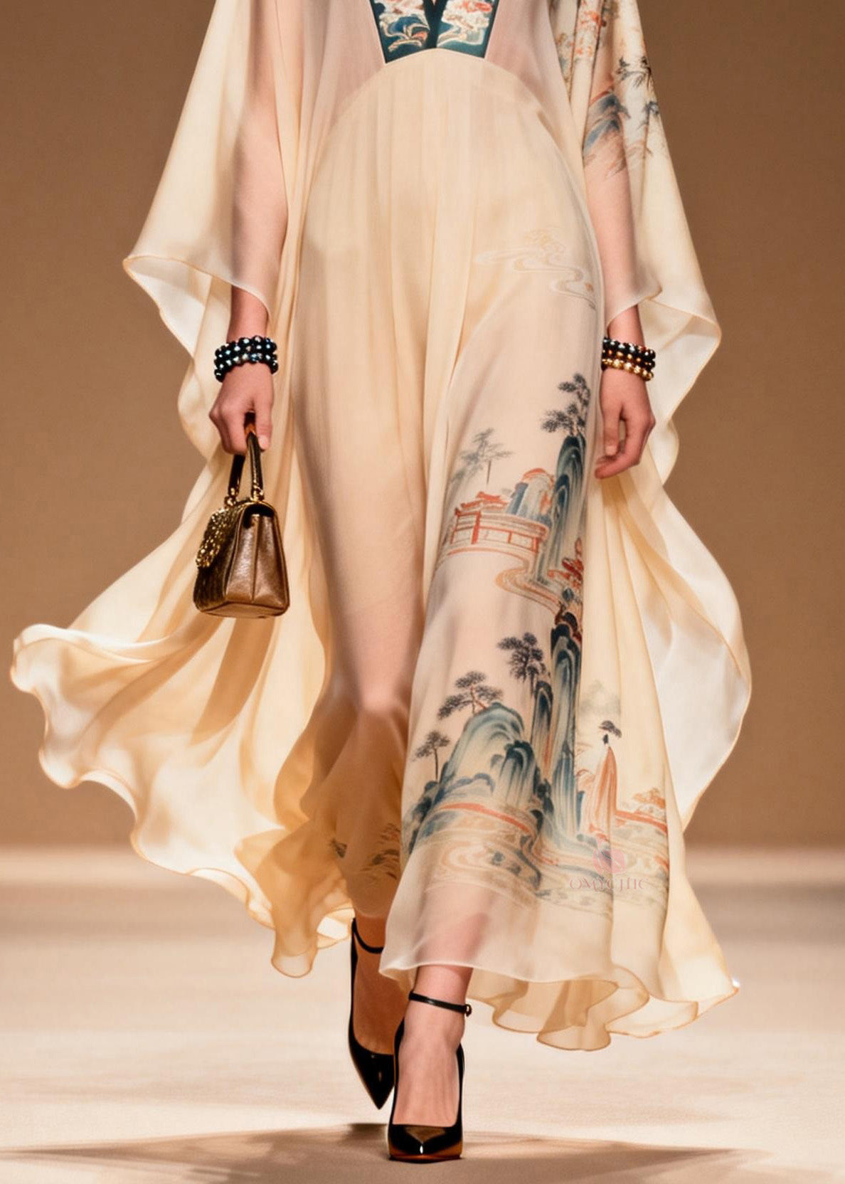 Oriental Landscape Print Deep V-Neck Batwing Sleeve Maxi Gown - View 4