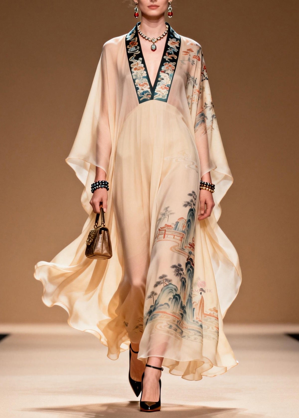 Oriental Landscape Print Deep V-Neck Batwing Sleeve Maxi Gown - View 5