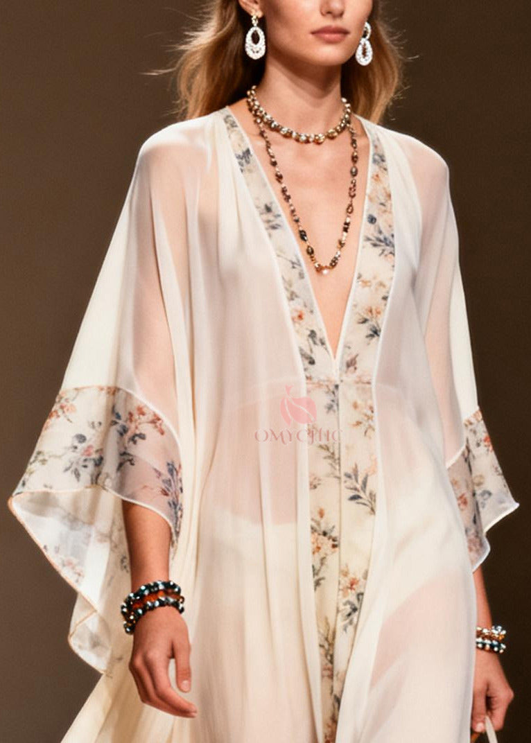 Sheer Chiffon Floral Panel V-Neck Bell Sleeve Kaftan Maxi Gown - View 2