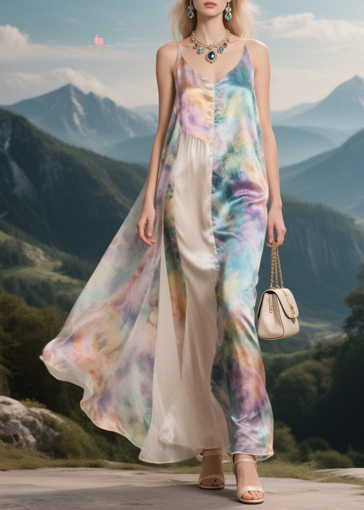 Brief V Neck Patchwork Silk Maxi Spaghetti Strap Dresses Summer - View 3