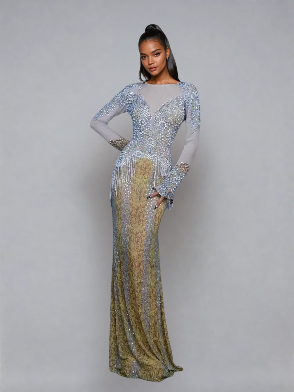 Mock Neck Long Sleeve Rhinestone Fringe Damask Mesh Mermaid Maxi Gown - View 7