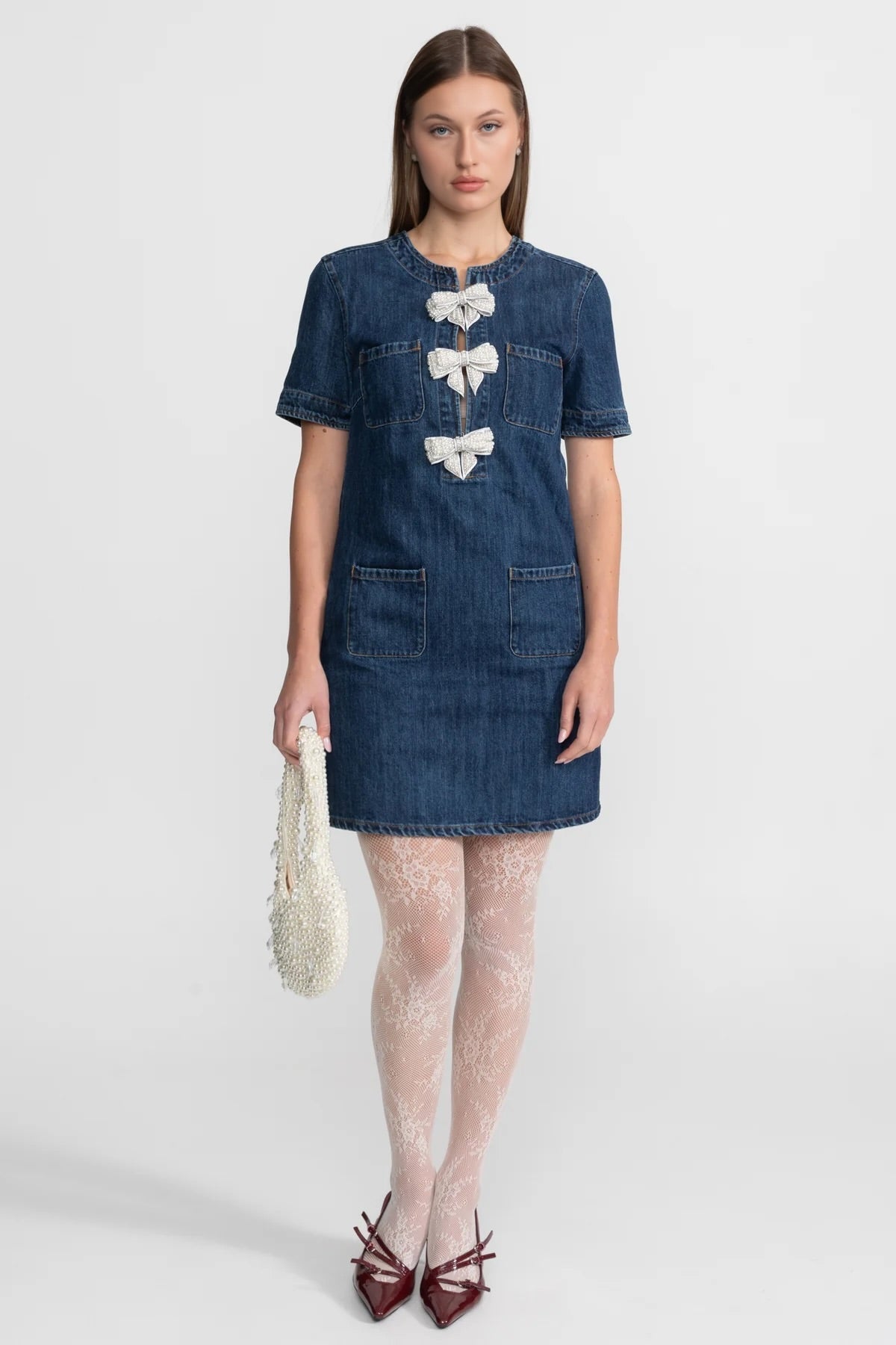 Denim Short Sleeve Glitter Bow Pocket Mini Dress