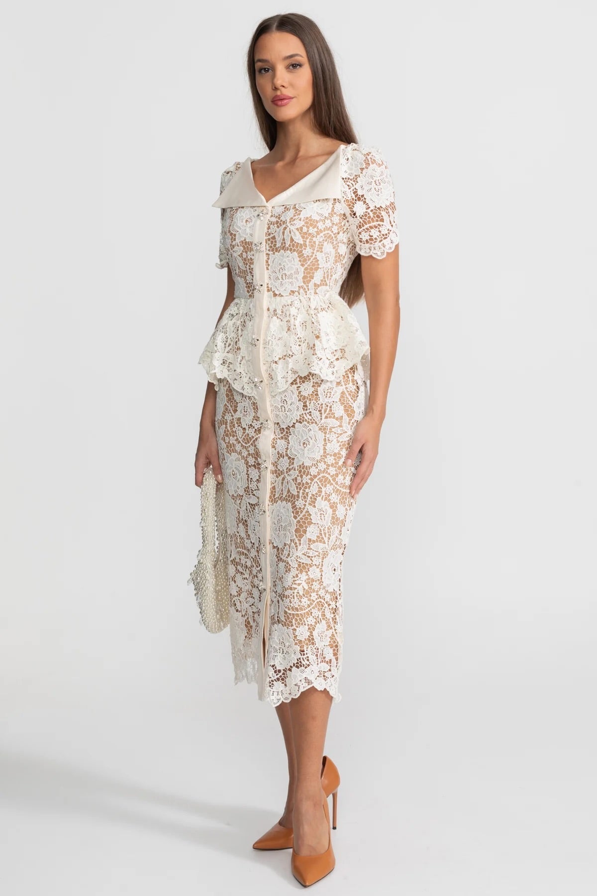 Lace Midi Dress with Peplum Waist and Satin Collar - White - View 3