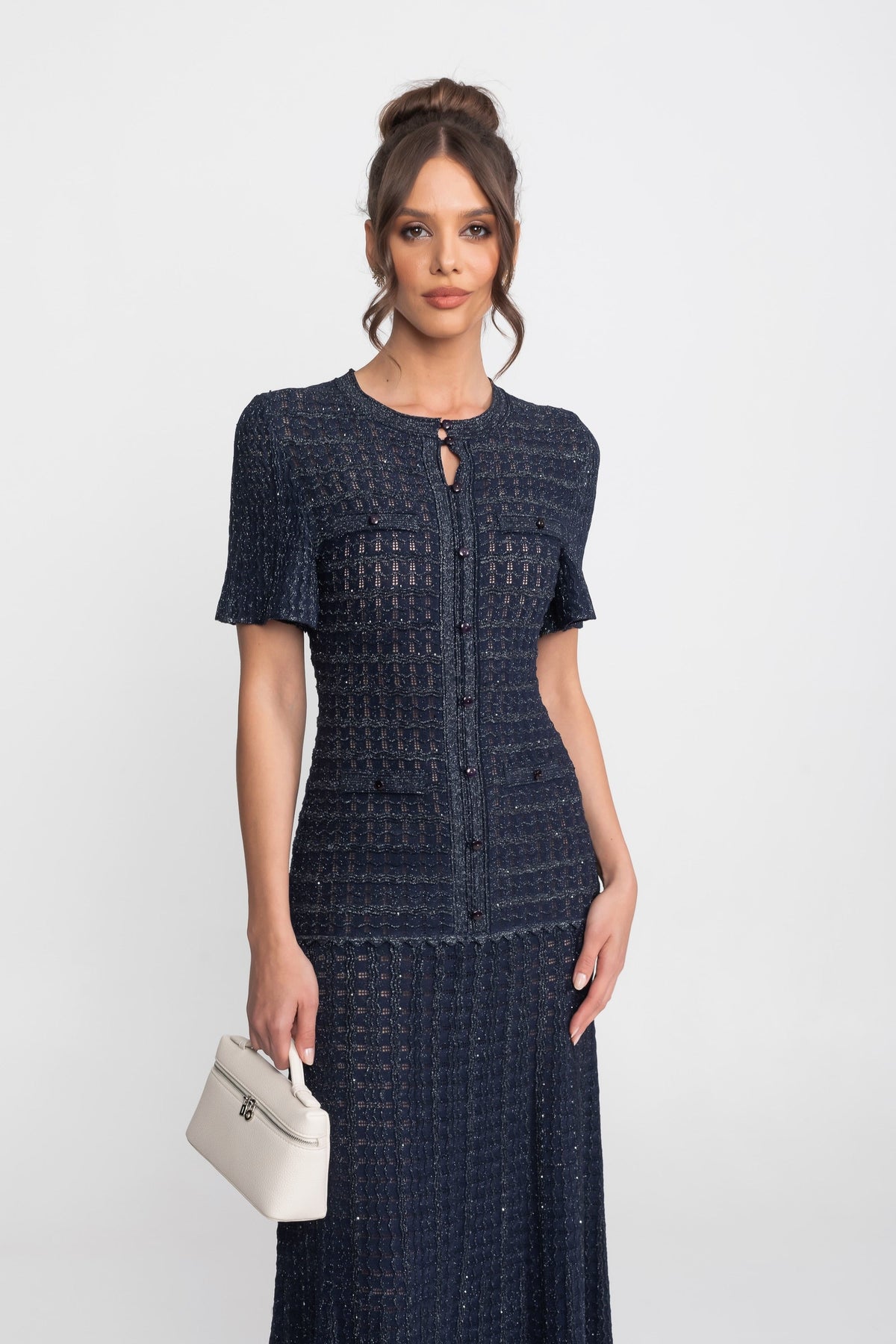 Short Sleeve Midi Dress With Shimmer Knit Texture - Navy - View 4