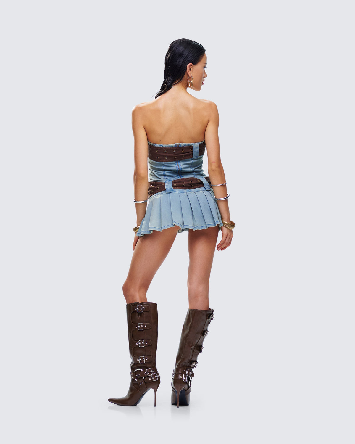 Strapless Buckle Belt Pleated Denim Mini Dress 7