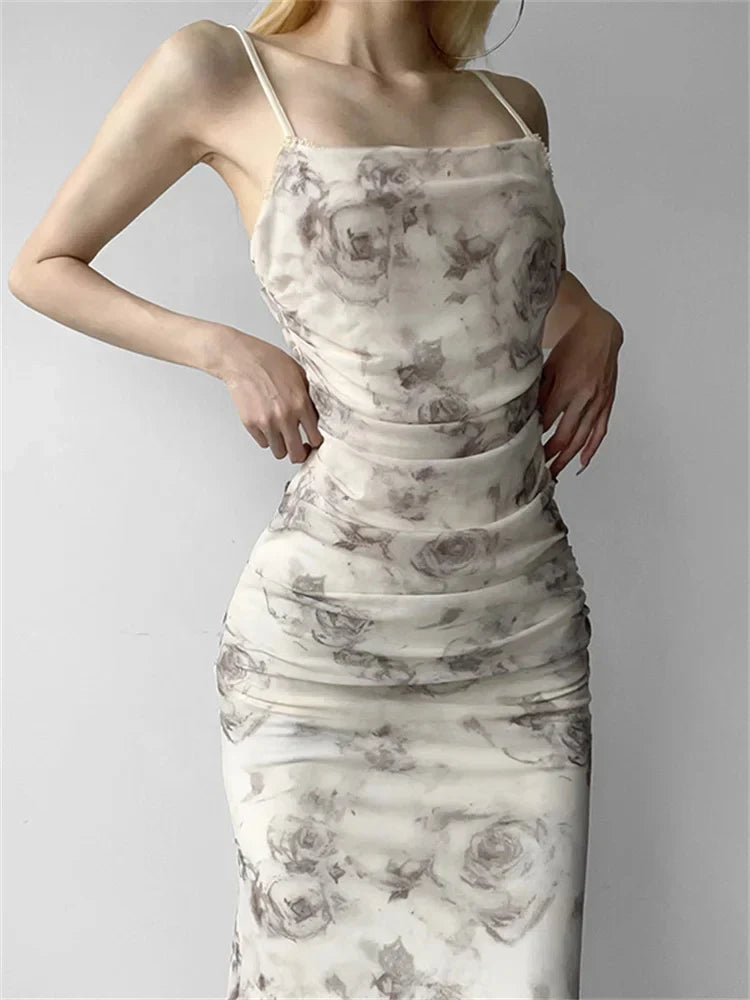 Vintage Washed Deep V-Neck Ruched Floral Dress