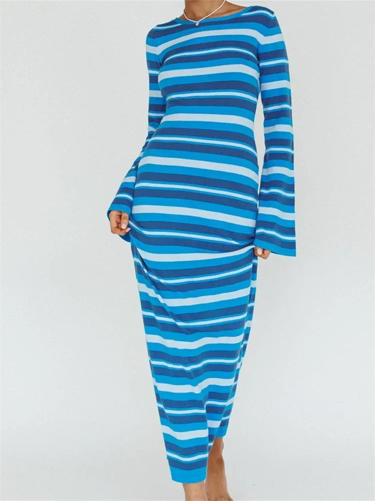 Crew Neck Flare Sleeve Striped Bodycon Maxi Dress