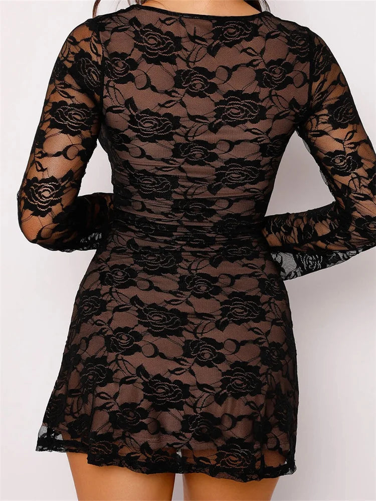 Sensual Lace Vneck Mesh Mini Dresses - View 3