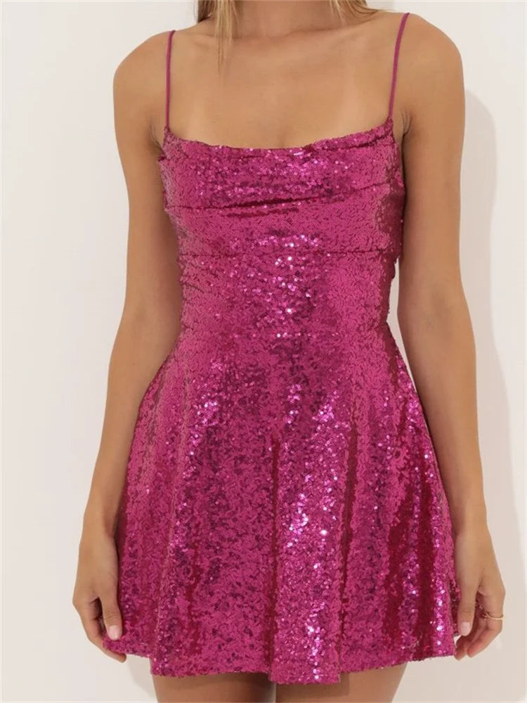 Sequin Square Neck Spaghetti Strap A-Line Mini Dress - View 13