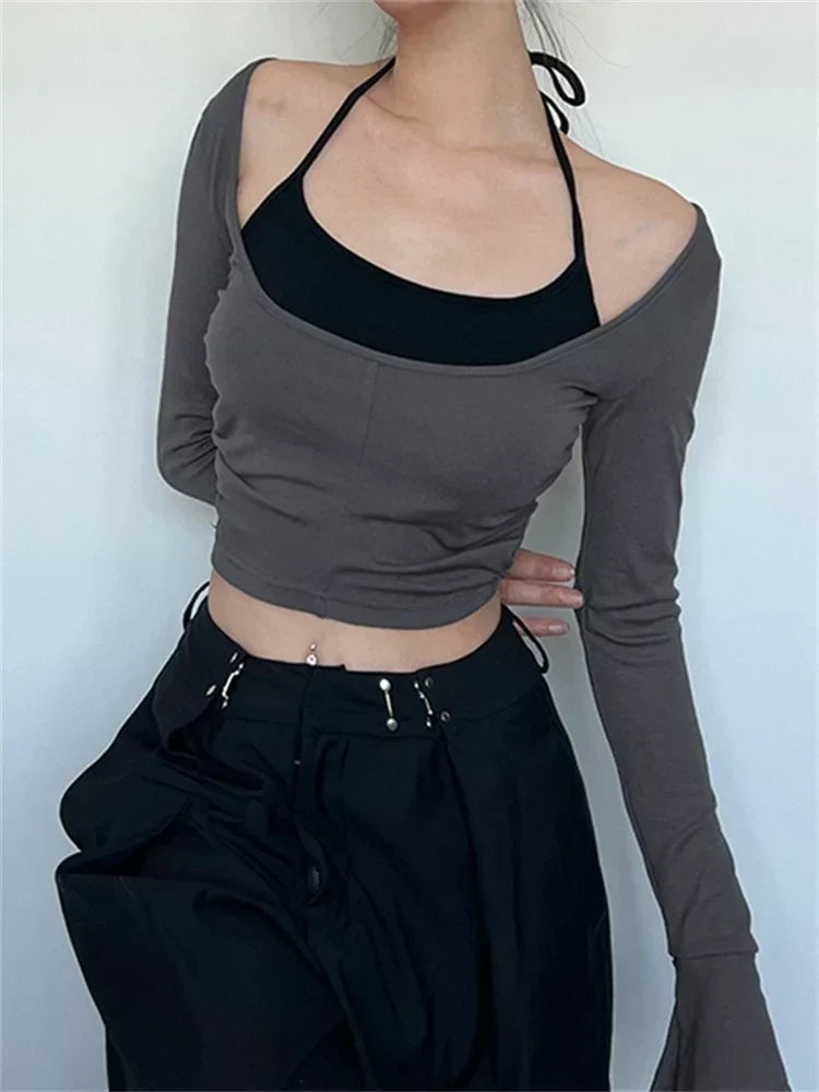 Patchwork Off-Shoulder Long Sleeve Top