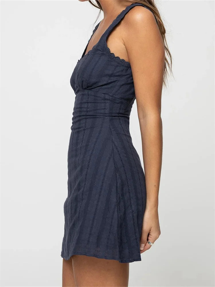 Lace Trim Aline Solid Color Square Neck Mini Dresses - View 5
