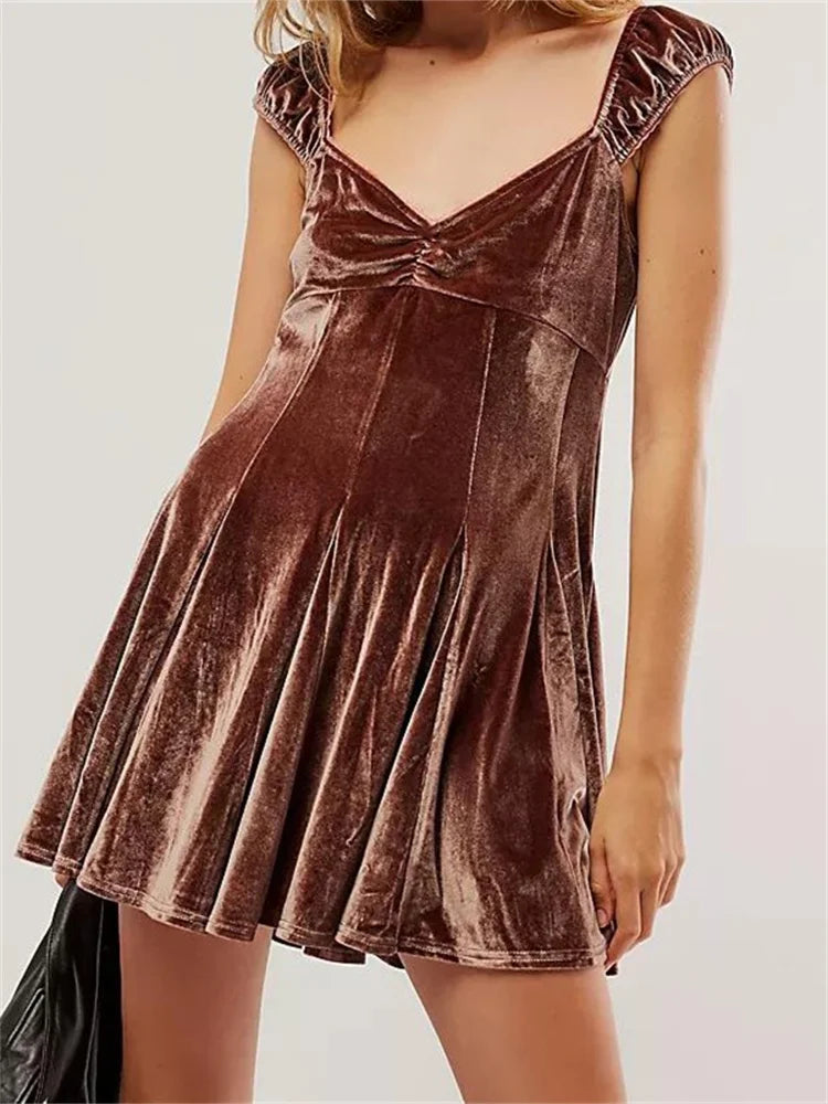 Velvet VNeck Sleeveless High Waist Mini Dresses - View 6