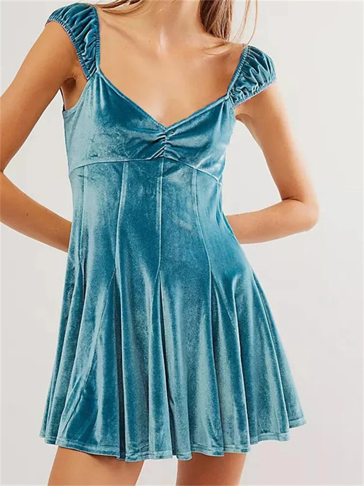 Velvet VNeck Sleeveless High Waist Mini Dresses - View 2