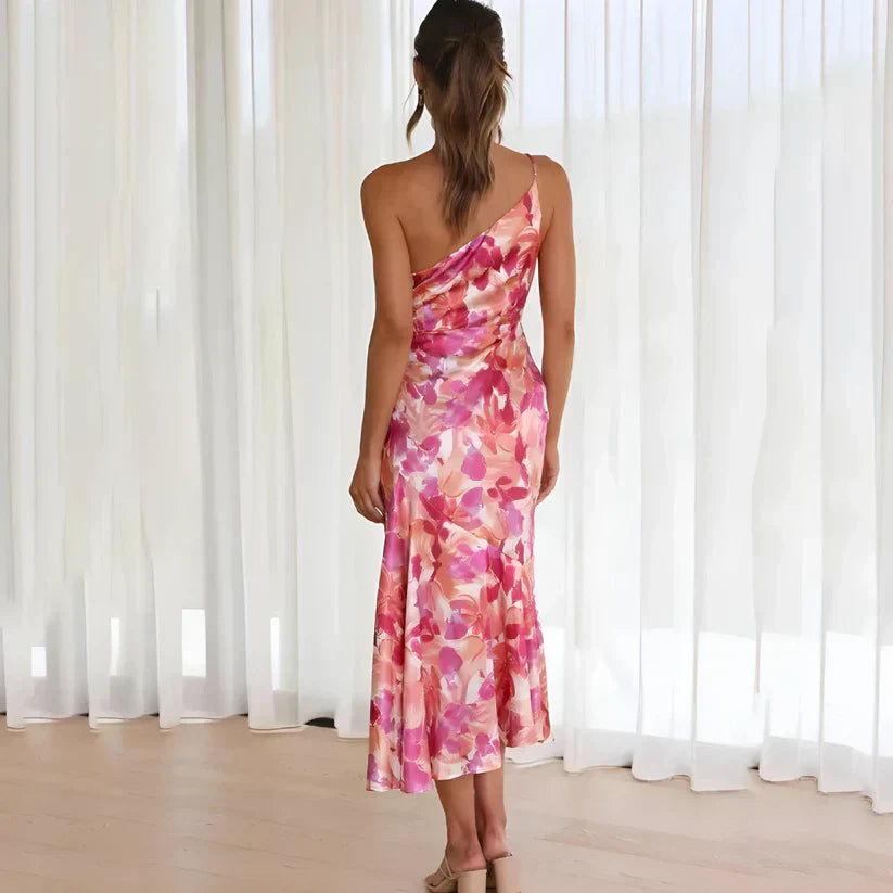 Floral Print One Shoulder Ruched Bodice Mermaid Midi Dress - View 4